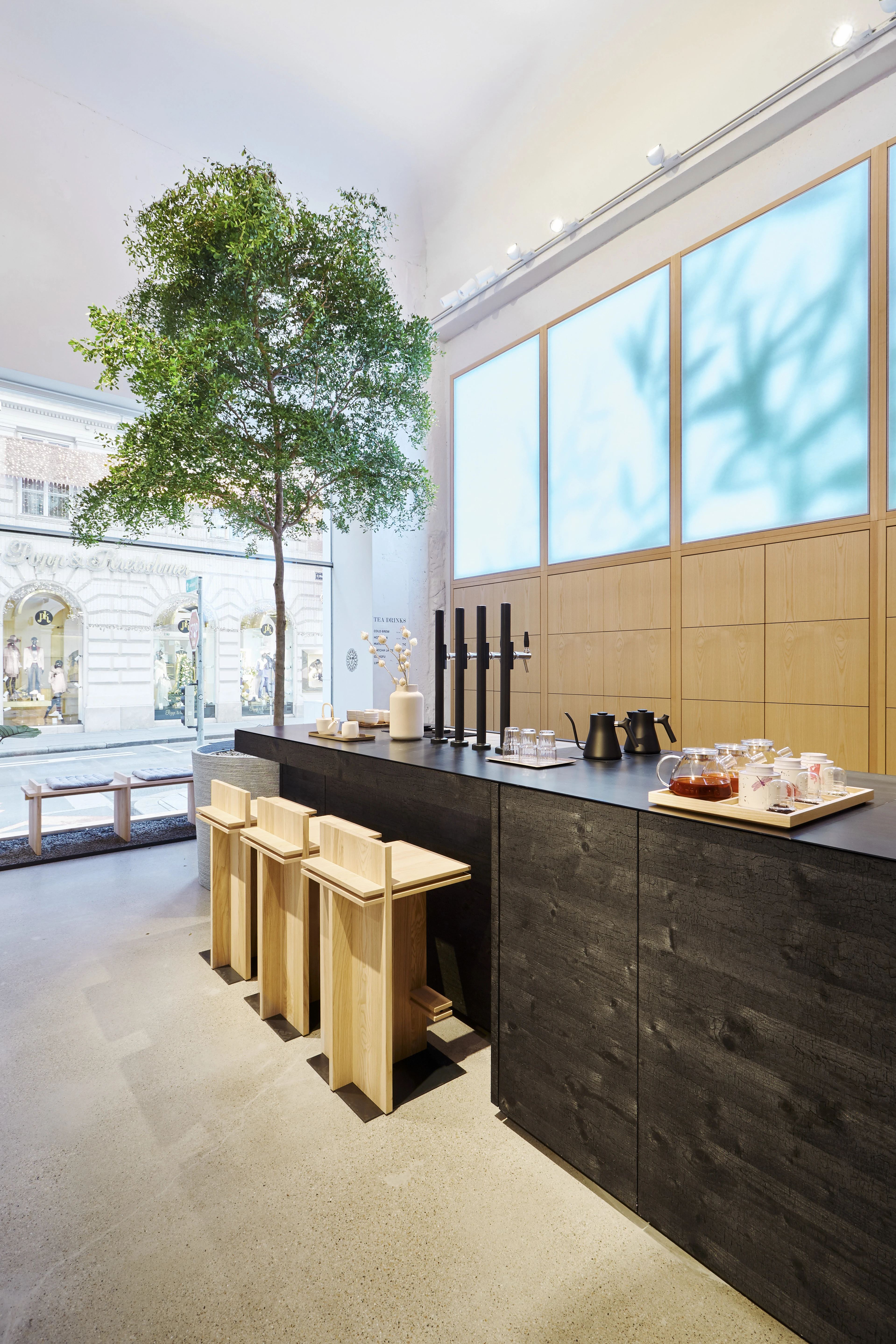 Modernes Café-Interieur mit Holztheke, Barhockern und Baum.